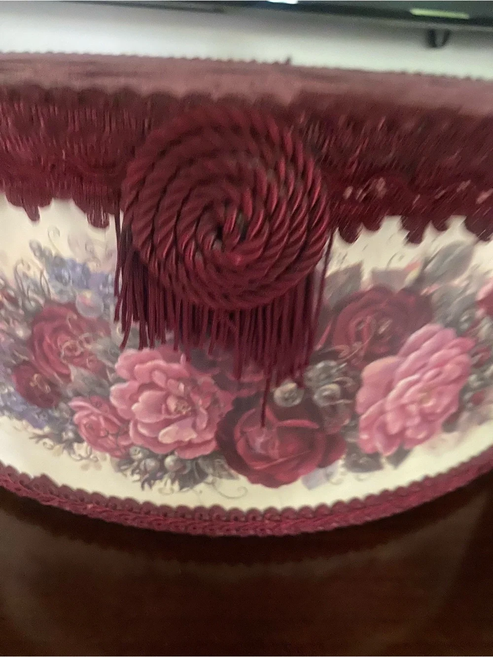Vintage Burgundy Floral Decorative Hat Box with Tassel Trim Romantic